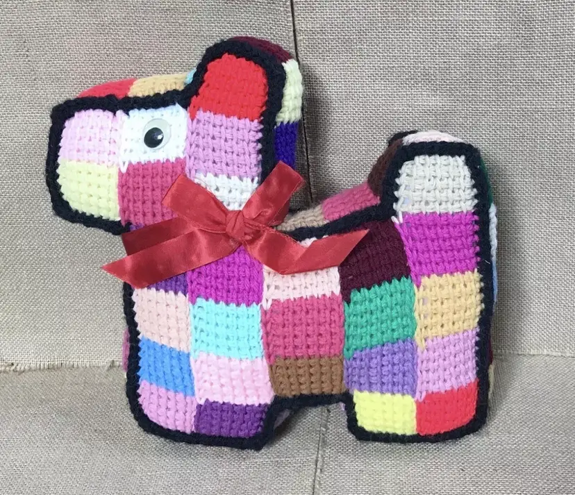 Vintage Kitsch Handmade Crochet Granny Square Plush Scottie Dog Stuffed Animal