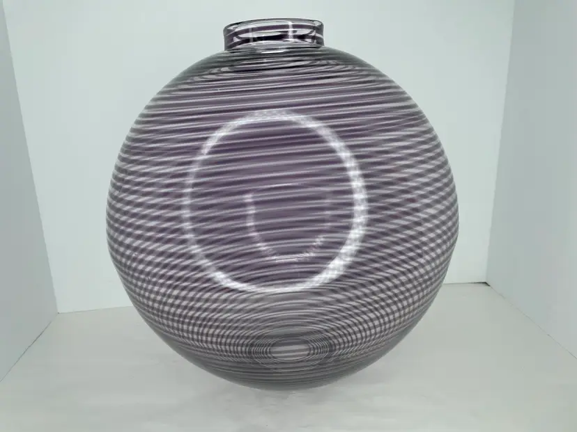 Large Art Glass Globe Sphere Vase Clear Amethyst Purple Stripes Stunning 13” MCM