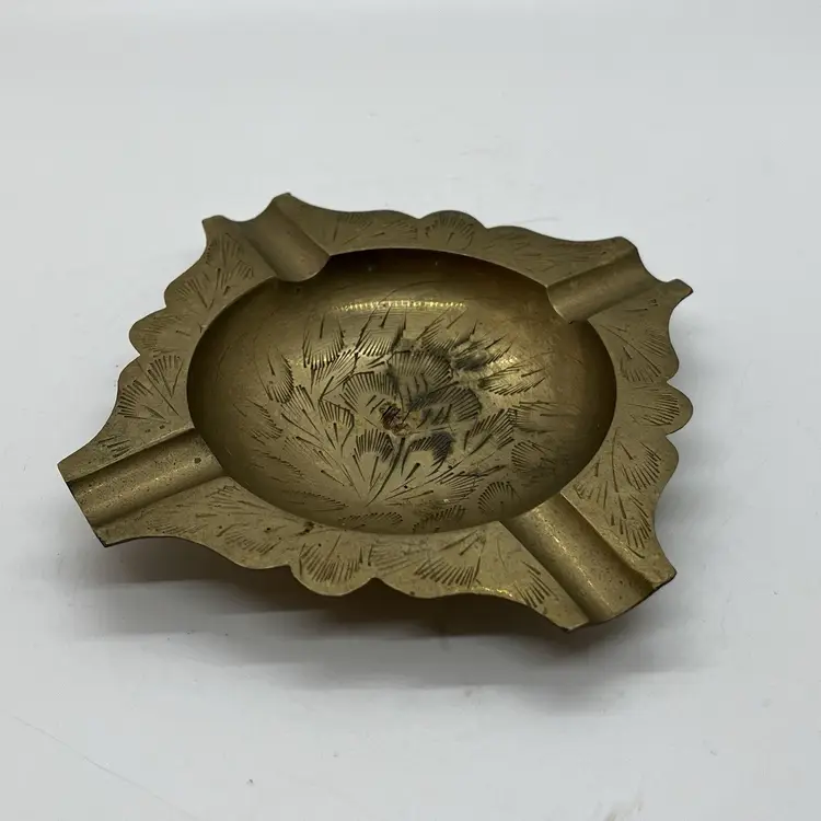 Vintage Brass Ashtray Dish Hand Etched India Floral Leaves