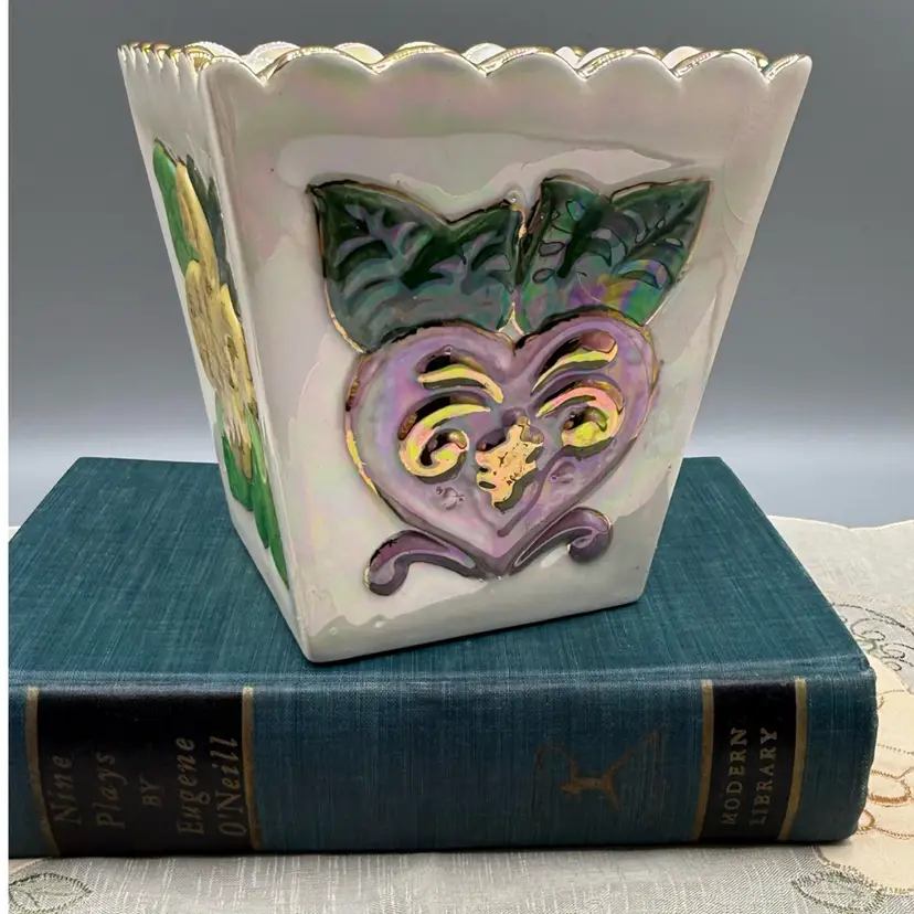 Vintage Hand Painted On 4 Sides Iridescent Floral Planter 5”x4”