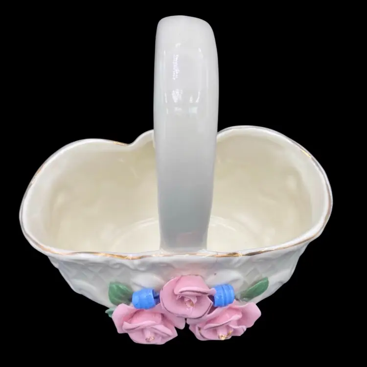Vintage Large Porcelain Basket w/attached Pink Roses, Gold Trim, Blue Ribbon