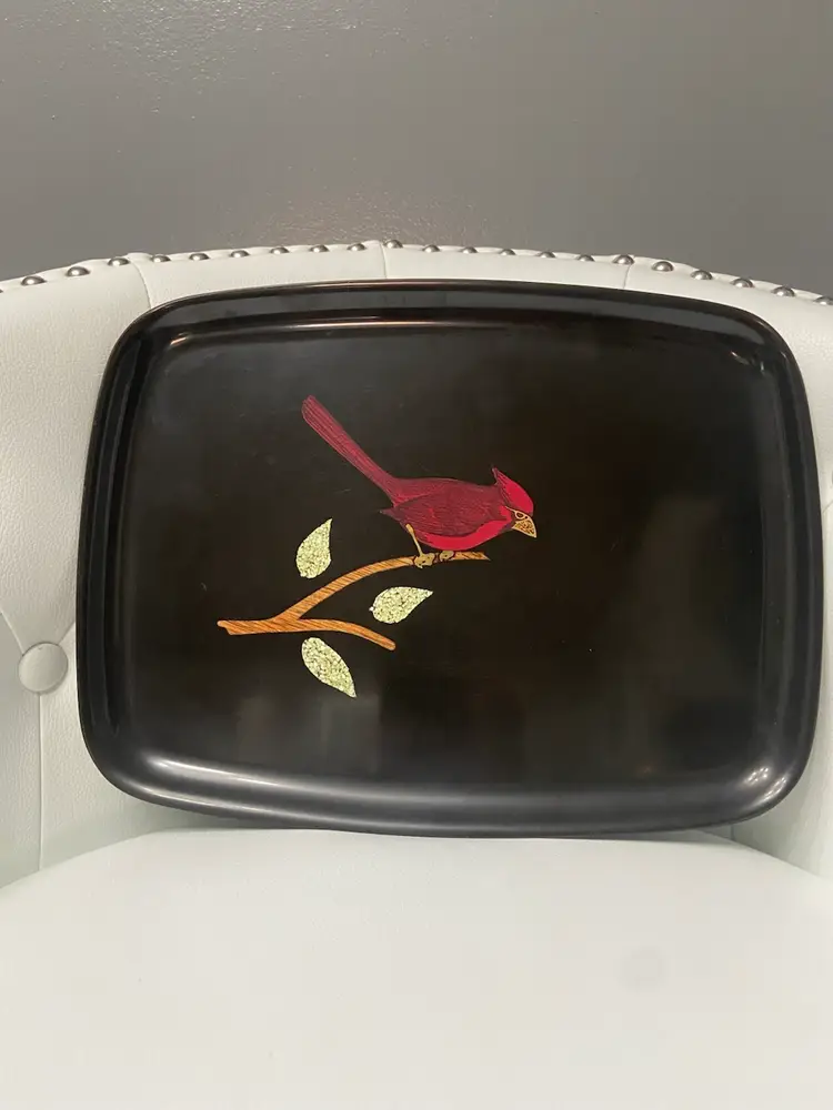 MCM Black Lacquer Couroc of Monterrey Tray Red Cardinal Branch Abalone 60s-70s