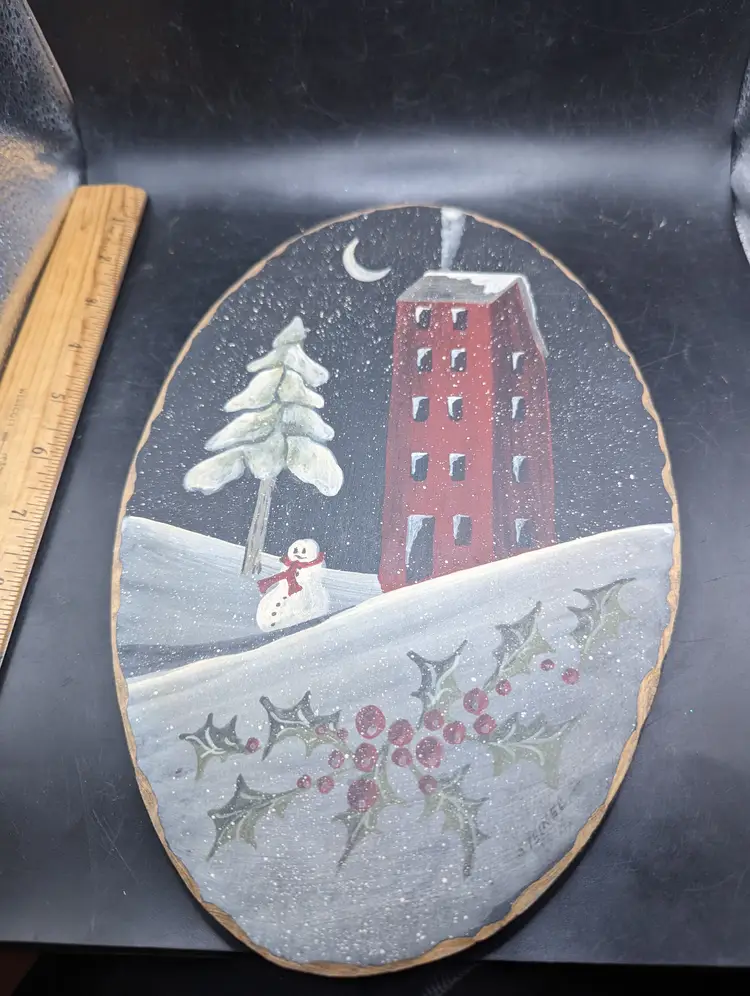 Vintage Hand Painted Wooden Plaque With Snowman House and Tree.