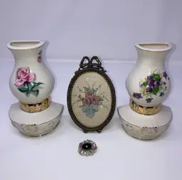 Fabulous Floral Vignette Vintage Frame With Needlepoint Florals (5 1/2” Tall 3 3/4” Wide) 2 Porcelain Lamp Shaped Floral Wall Pockets (6 3/4” Tall 4” Wide) Vintage Hobē Rhinestone Single Clip On Earring (1 1/2” x1”)