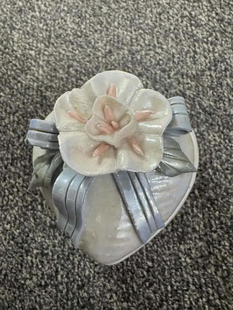 Porcelain Heart Trinket Box With Blue Ribbon