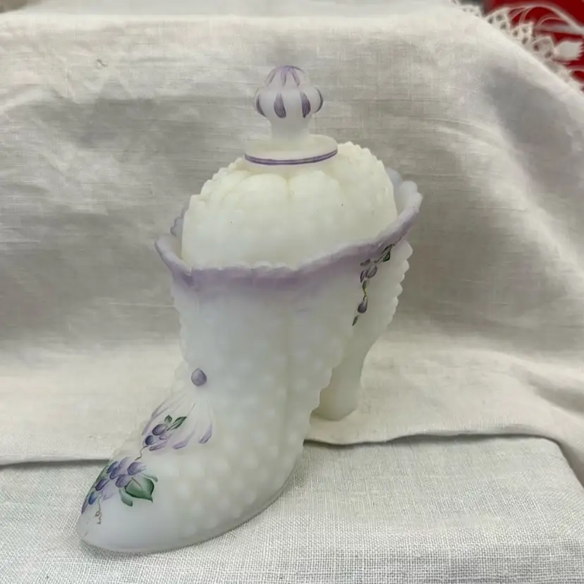 Fenton 95th Anniversary Satin Milk Glass Hobnail Hand-painted Shoe ~ Signed, Stickered - Covered Lid Trinket Dish - RARE