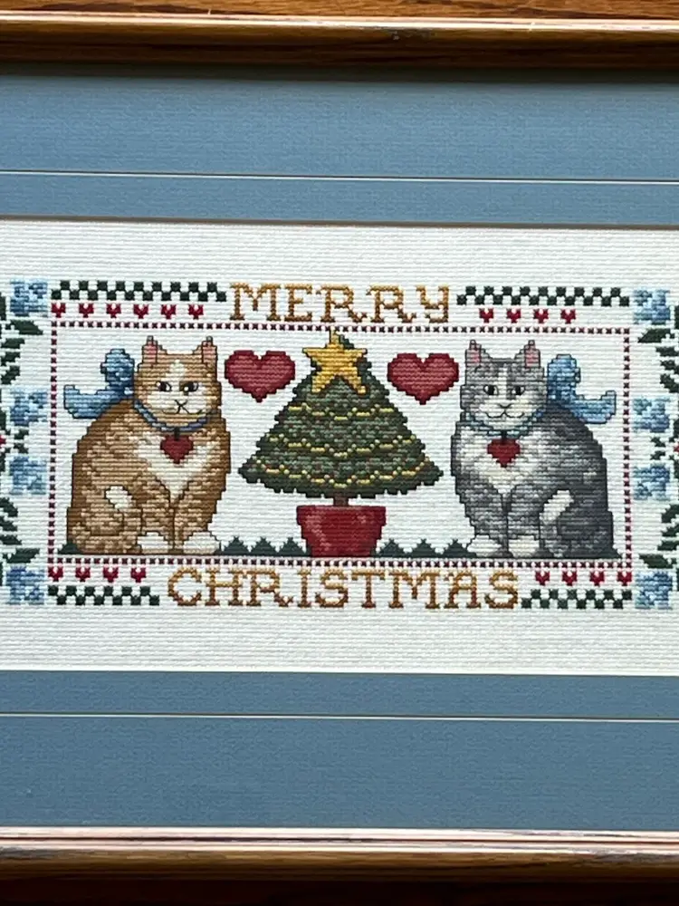 Vintage Large Matted And Framed Cross Stitch Christmas Cats 19x13