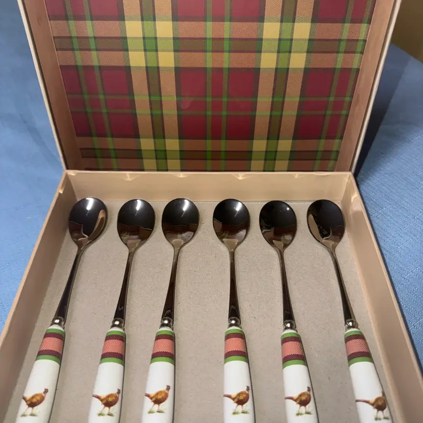 Spode Glen Lodge Pheasant 6 Tea Spoons 15cm/6" Pheasant In Box