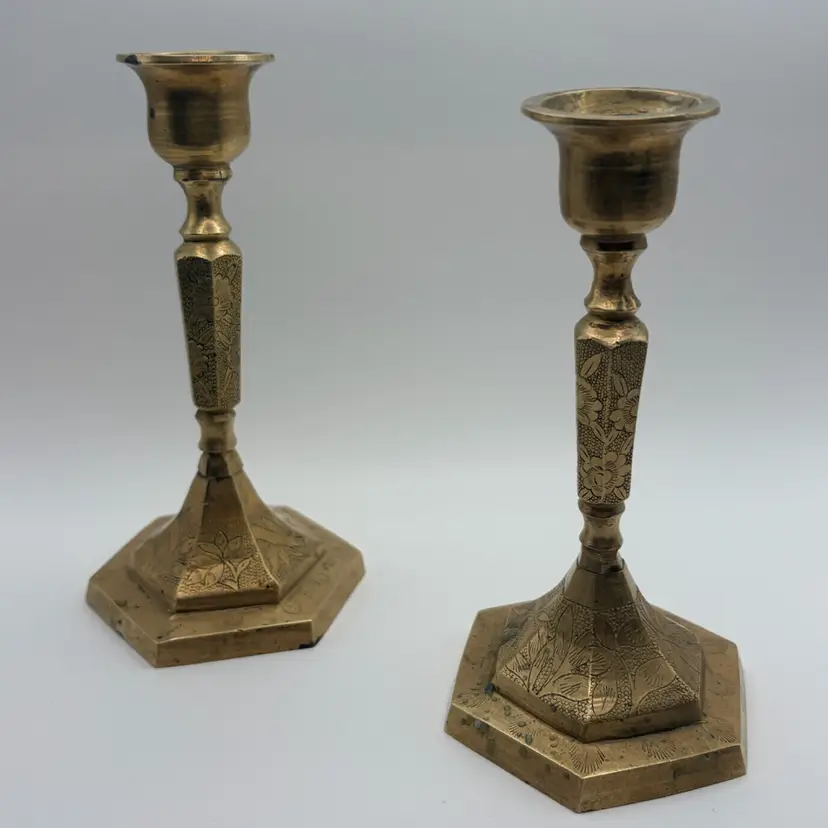 Pair Vintage Brass Candlesticks-  hexagonal brass candle holders hand-etched floral  designs 5.5”