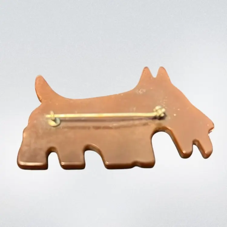 BAKELITE ALERT DOG! Vintage carved brown Bakelite Scottie dog pin. 2” Long Missing Rhinestones Bakelite , Simichrome Tested