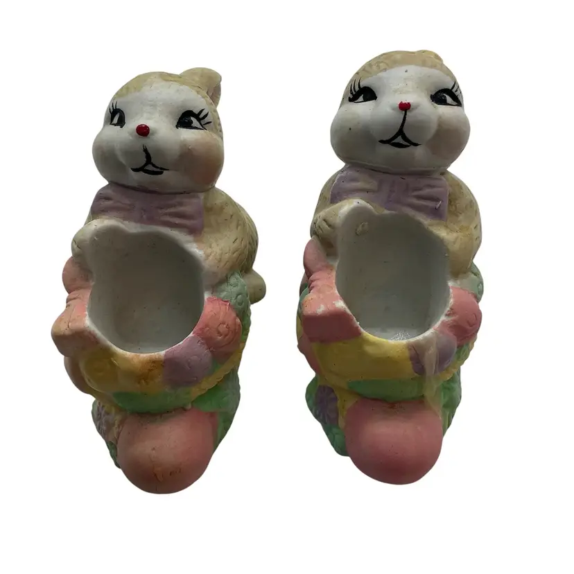 2 Vintage Easter Bunny Rabbits Ceramic Candle Holder Figurines