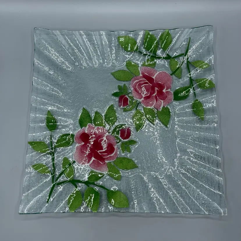 Sydenstricker Fused Glass Rose Square Platter Ruffled Edge Large