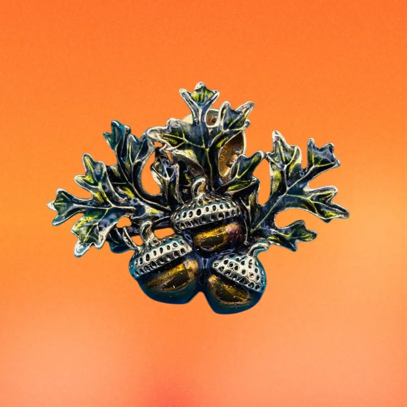 Vintage Acorn & Oak Leaf Brooch – Silver Tone with Enamel Accents