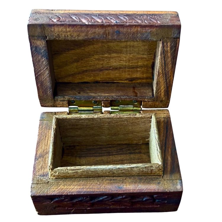 Vintage Hand Carved Sheesham Wood Hinged Trinket Box 2.75”