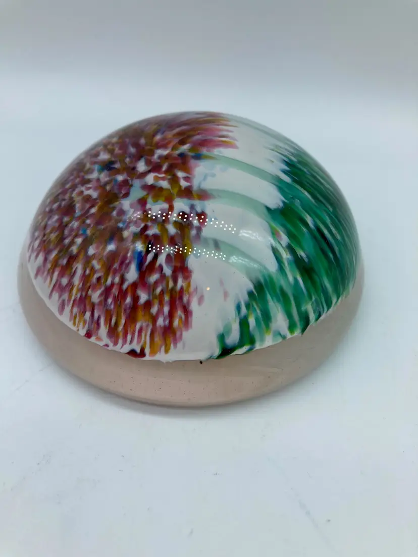 Red, White, and Green Half Round Paperweight, Signed 'Impressions WGTE MU9L'