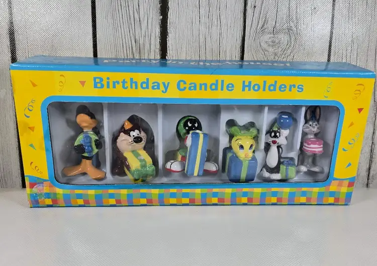 Looney Tunes Birthday Candle Holders Ceramic Set of 6 in Box Cake Topper VTG
