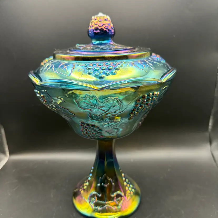 Vintage Indiana Carnival Glass "Harvest Grape" Princess Blue Tall Wedding Bowl - 10 In