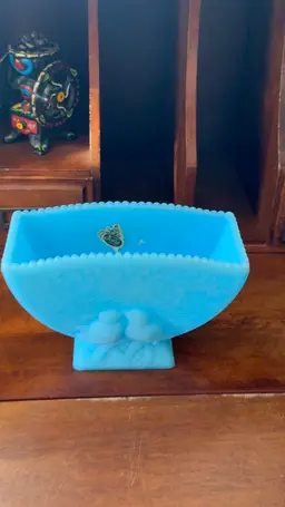 VTG 70’s Fenton Blue Satin Lovebirds Planter – Embossed Birds – Ruffled Rim