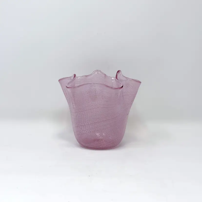 Pink Ribbon Handkerchief Vase, Vintage Murano Style Art Glass 4" (0005-26)
