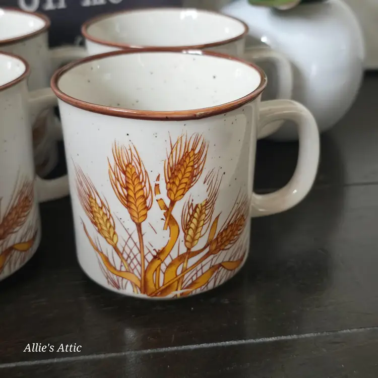 4 Buckwheat Stoneware Tan Speckled Coffee Mugs Cups Main Isle Vintage 1970s Set