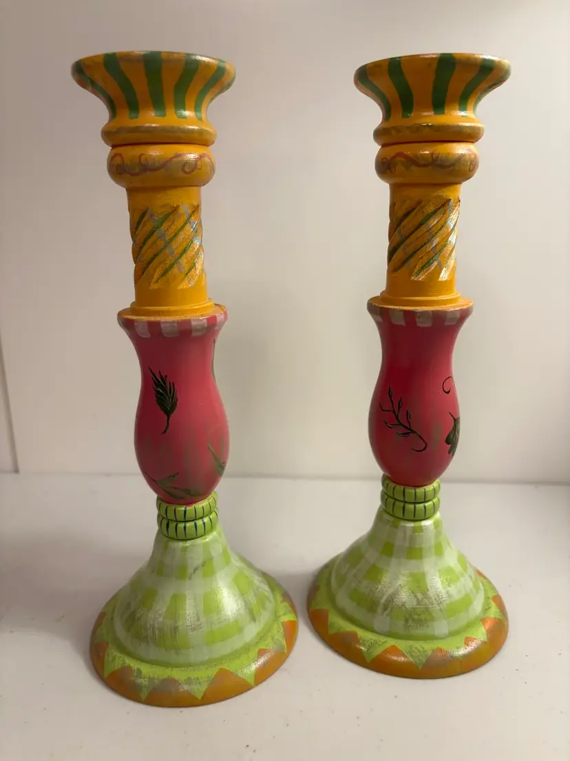 Set of Large Wooden Candle Holders Signed Tracy H. S. Porter