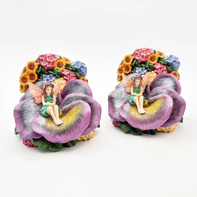 Vintage Fairy Floral Resin Bookends Multicolor w/ Repairs 5" x 5"x 4"