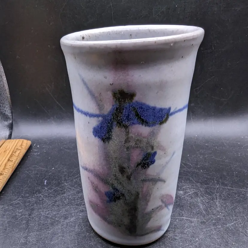Vintage Studio Art Pottery Vase with Iris Flower Design Signed 6"