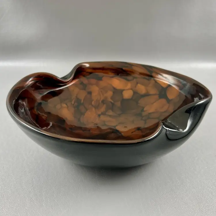 Vintage Murano Italy Brown Black Gold Fleck Art Glass Bowl W/Label