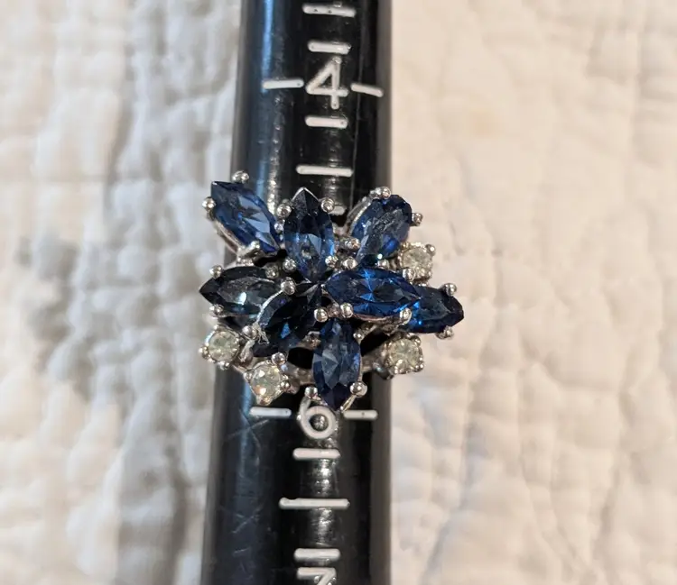 Vintage Classic 1960's Cocktail Ring with Blue Sapphire and White Diamond Colored Marquis Cut Stones, 8K HGE White Gold, Size 6