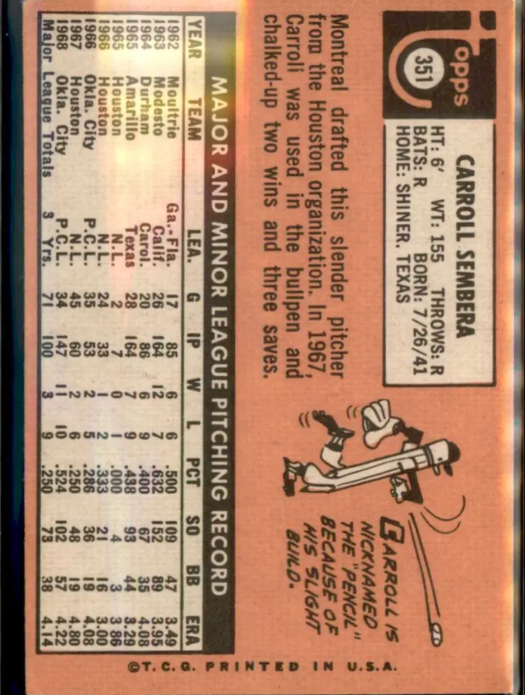 1969 Topps #351 Carroll Sembera - (pk3) - Montreal Expos