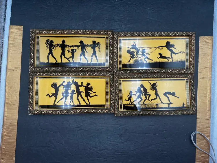 #253A Amazing Vintage Set Of Art Nouveau Prints Titled ‘The Four Seasons’ By German Illustrator Fidus. (Hugo Hoppener). 
Each Print Is A Scene Depicting Children Enjoying Each Season, Winter, Spring, Summer And Autumn. Silhouettes Are Printed On The Glass In Black With A Gold Background.