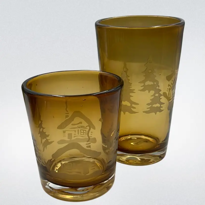 Hand Blown Woodland Amber Glass 1 Tumbler 6” & 1 Rocks 4.25”
