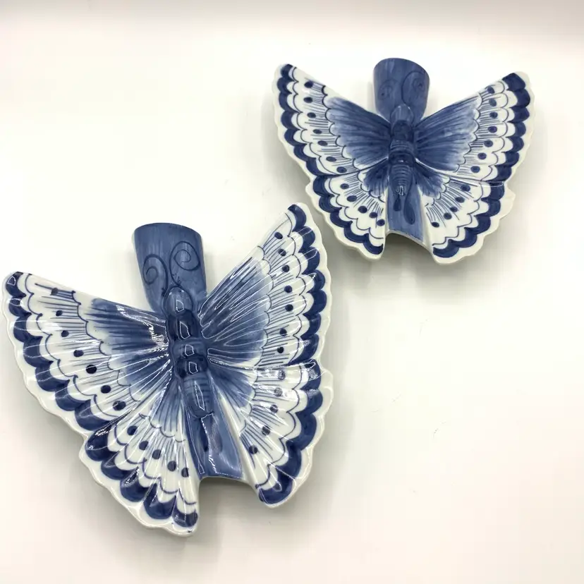 Blue and White Porcelain Butterfly or Moth Wall Sconces Vases 6.75" Rare Beautiful