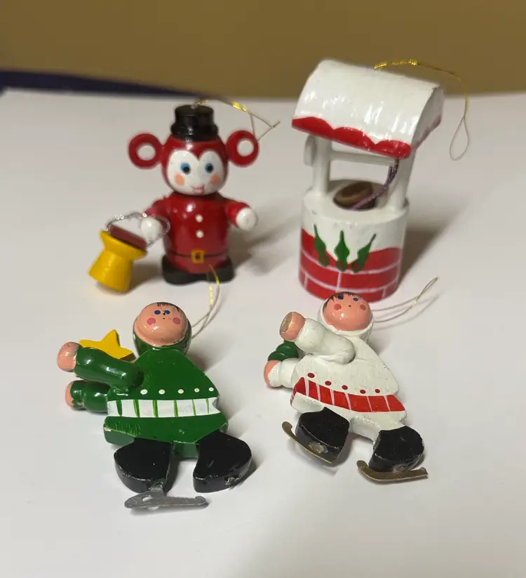 Wooden Christmas Ornament Set of 4 Unique Hand Painted Mouse Skaters and well