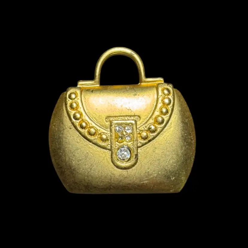 Vintage JJ Jonette Ladies Purse Tote Bag Brooch Pin Rhinestones Gold Tone