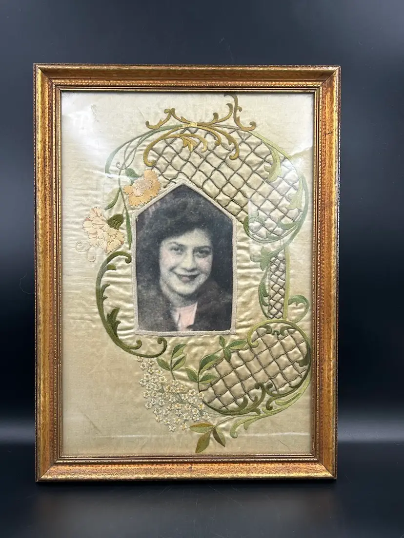Vintage Silk, Embroidered Floral And Lattice Picture Frame