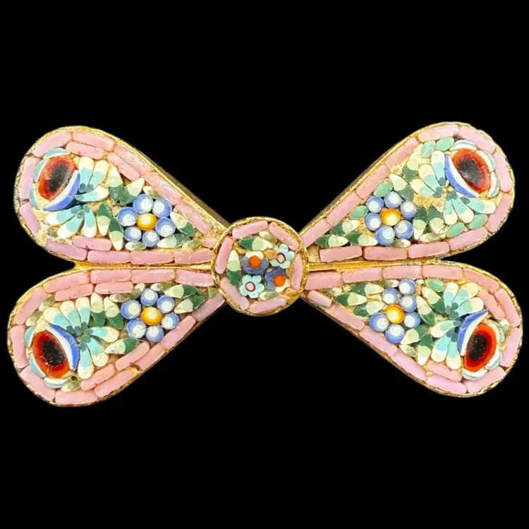 Micro Mosaic Pink Bow Brooch 1.75”