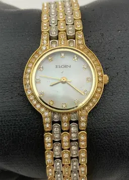 Elgin Women's Luxury Wrist Watch Features Gold Plating, Lab Diamonds & Mother of Pearl Dial