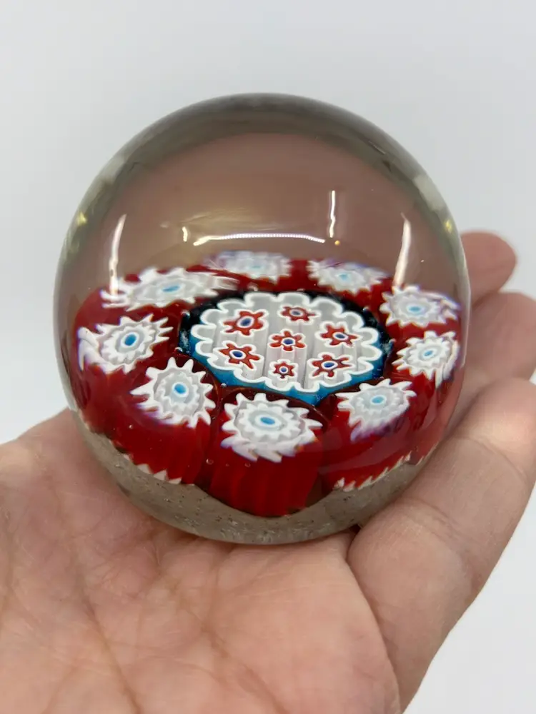 Red White & Blue Millefiori Art Glass Paperweight 2.25”
