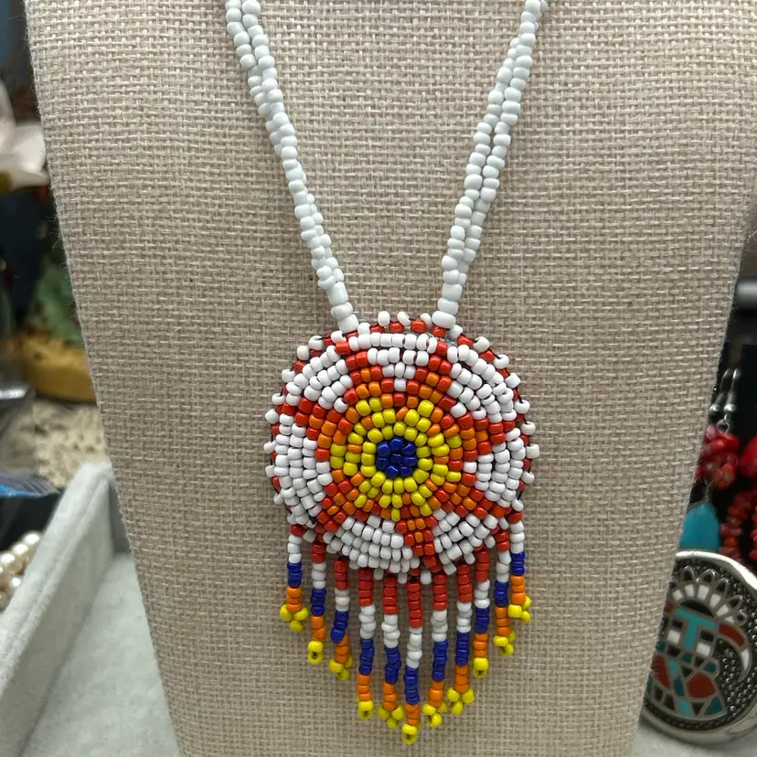 #01 Vintage Native Style Seed Bead Medallion Necklace 28” Tribal Boho Statement