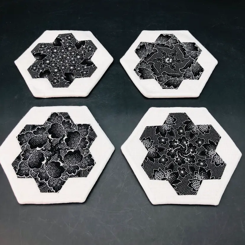 Set Of 4 Handmade Hand Pieced Black and White Floral Kaleidoscope Hexagon Coasters 5.25 X 4.5 Inch.