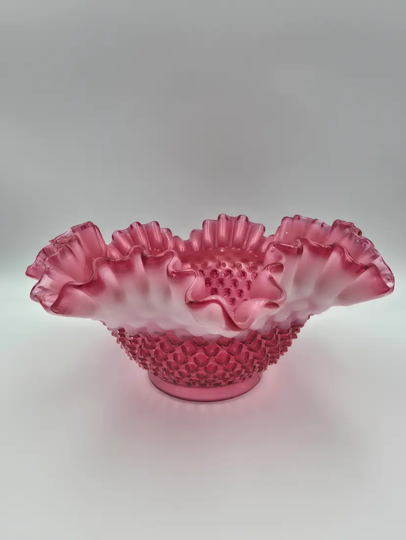 Vintage Fenton Glass Cranberry Opalescent Hobnail Crimped Ruffled Large Bowl