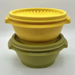 Vintage Lot 2 Tupperware Servalier 1323 Small Bowls & Lids Harvest Green Yellow