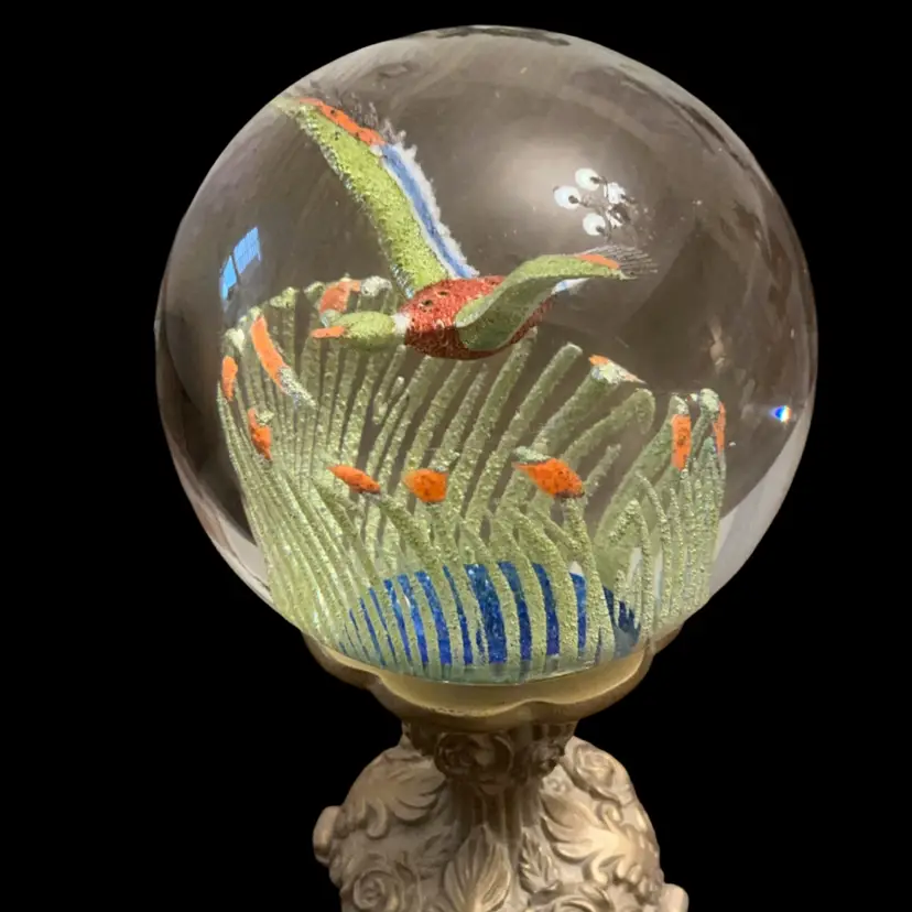 J Murphy Flying Mallard Duck Over Pond Cattails & Reeds Paperweight 3.75”