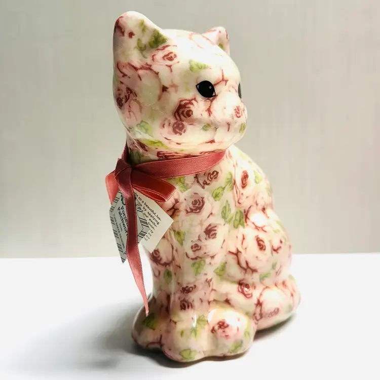 Vintage Joan Baker Porcelain Patchwork Cat Kitten Kitty Feline Figurine Fabric Roses