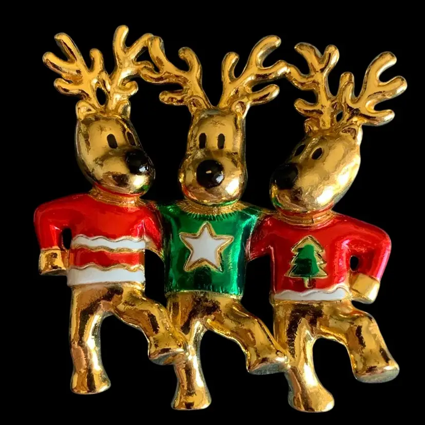 Gold Tone Three Dancing Reindeer Brooch Red And Green Enameling