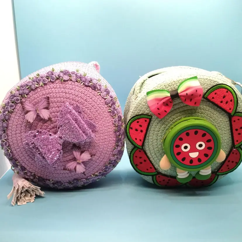 Girls Purses, Whimsical And Fun Embellishments Added To Colorful Woven Purses.
