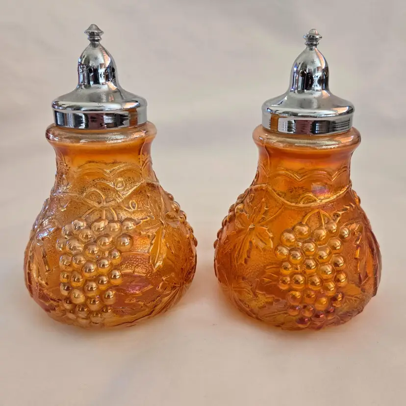 Carnival Glass Salt Pepper Shakers Imperial Glass Grape & Cable Marigold Vintage