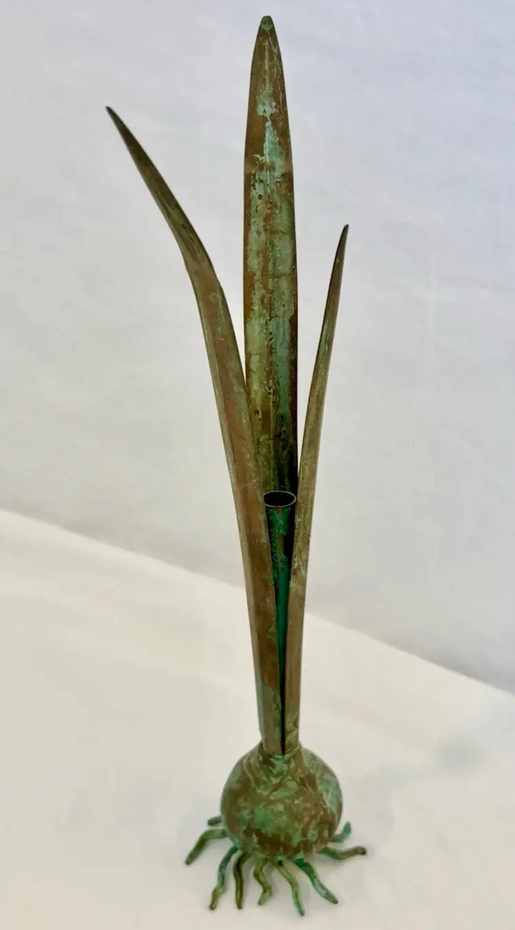 1985 Italian Carnevale 13” Brass With Verdigris Bud Vase