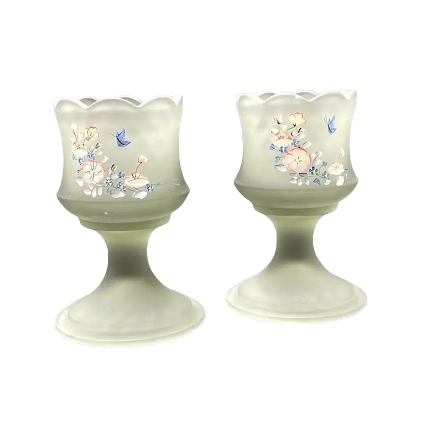 Fenton Hand Painted Smokey Gray Satin Glass Votive Candle Holders Glows Signed